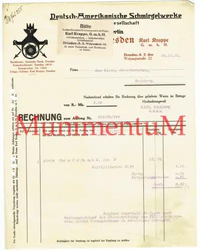 Deutsch-Amerikanische Schmirgelwerke DRESDEN Karl Krappe - Rechnung 1925