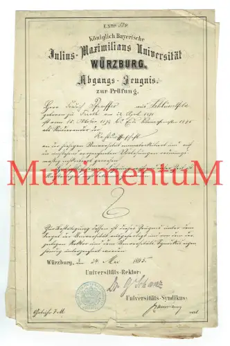 Julius-Maximilans-Universität WÜRZBURG Abgangs-Zeugnis 1895 Urkunde Vorlesungen