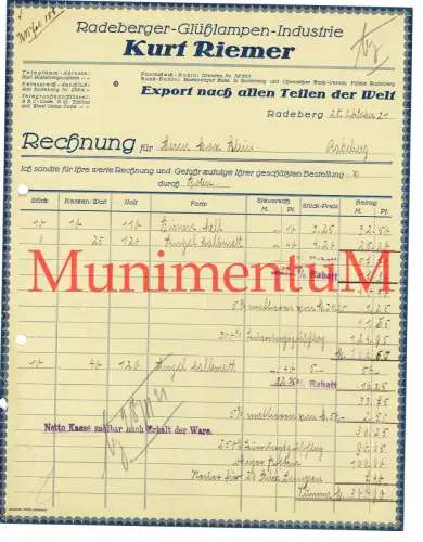 Raderberger Glühlampen-industrie Kurt Riemer | Export weltweit - Rechnung 1921