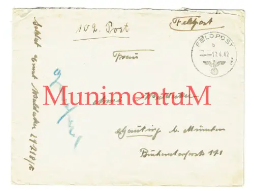 leerer Feldpostbrief 1942 Infaterie-Regiment Nr. 311 (ALLENSTEIN) nach GAUTING