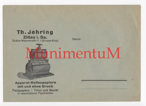 Apparat-Rollenpapiere Jehring ZITTAU - Kuvert Werbung Reklame 1930er / 1940er