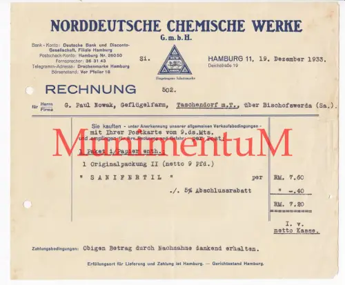 Norddeutsche Chemische Werke HAMBURG | Rechnung Reklame Werbung Offerte 1933