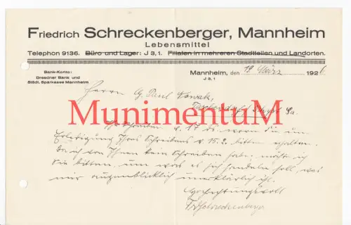 Fr. Schreckenberger Lebensmittel MANNHEIM | Rechnung Reklame Offerte 1936