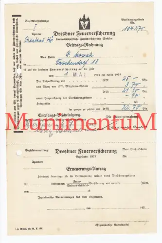 Beitrags-Rechnung 1934/35 Dresdner (landw.) Feuerversicherung TASCHENDORF