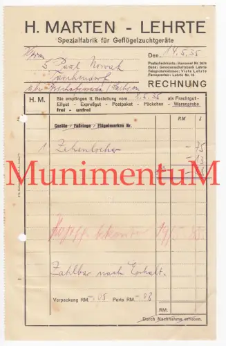 Spezialfabrik für Geflügelzuchtgeräte H. Martein LEHRTE - Rechnung Werbung 1935