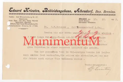 Bekleidungshaus E. Kriesten ALBENDORF Bez. BRESLAU Niederschlesien Reklame 1932