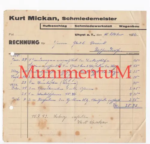 Schmiedemeister Kurt Mickan UHYST a.T. Wagenbau Hufbeschlag Rechnung 1936