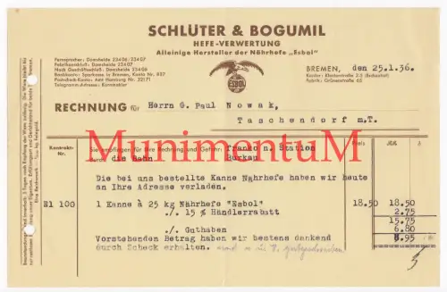 Schluter & Bogumil Hefe-Verwertung "Esbol" BREMEN |Rechnung 1936 Offerte Reklame