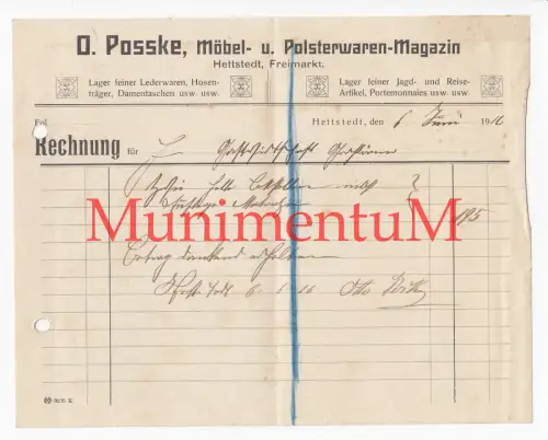 Möbel & Polsterwaren-Magazin Posske HETTSTEDT Rechnung 1912? Gastwirt GROßÖRNER