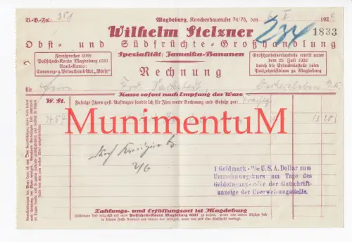 W. Stelzner MAGDEBURG - Rechnung 1924 an Sackstedt | Spezialität Jamaika-Bananen