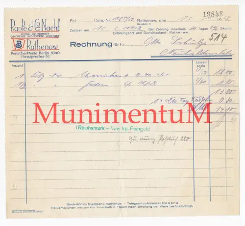 Optische Industrieanstalt Ranke & Co Nachf. Gebr Grammert RATHENOW Rechnung 1932