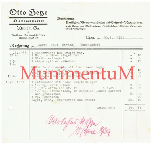 Klempnermeister Otto Hetze UHYST i. Sa. Fahrrad-Reparaturen - Rechnung 1939