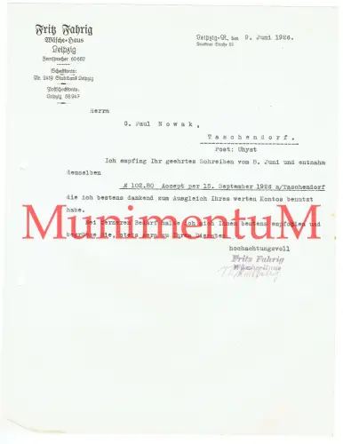 Wäsche-Haus Fritz Fahrig LEIPZIG - Rechnung Offerte Briefbogen 1926