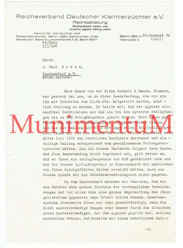 Reichsverband Deutscher Kleintierzüchter BERLIN Schlichtung TASCHENDORF BISMARK