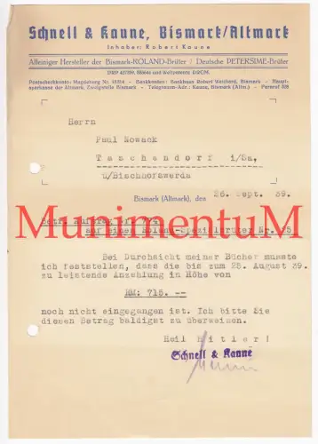 Schnell & Kaune BISMARCK / BISMARK Altmark - Mahnung Rechnung Briefbogen