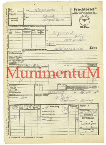 Frachtbrief Stadtmühle BOXBERG WÖLCHINGEN 1950 JESINGEN MERGENTHEIM US-Zone