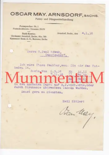 Futter- & Düngemittel O. May ARNSDORF i. Sachsen - Offerte Rechnung Reklame 1938