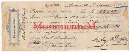 Prima-Wechsel 1912 Goldener Löwe GROßÖRNER Moritz Wolff & Co. BERLIN Stempel