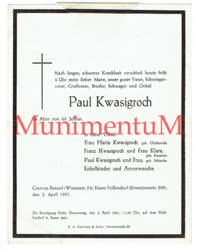 Traueranzeige Trauerblatt Paul Kwasigroch CASTROP-RAUXEL ESSEN FRILLENDORF 1951
