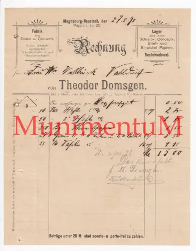 Fabrik Düten & Couverts Theodor Domsgen MAGDEBURG-NEUSTADT | Rechnung 1898