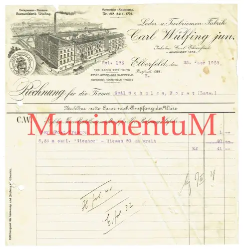 Leder- & Treibriemen-Fabrik Carl Wülfing jun. ELBERFELD - Rechnung