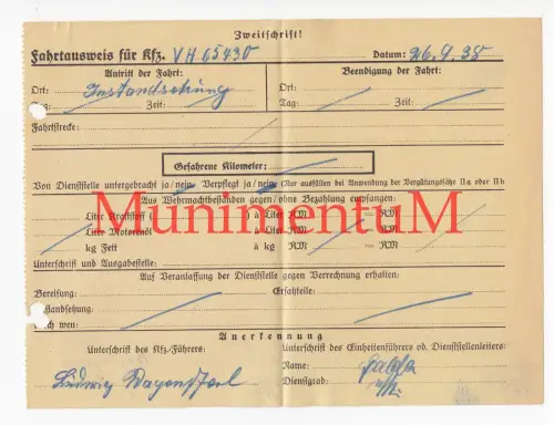 Wehrmacht Fahrtausweis GIESSEN GIEßEN 1938 Instandsetzung Hr. Wagenpfeil