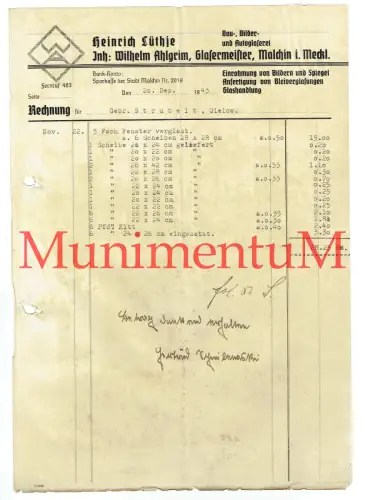 Bau- Bilder- Autoglaserei H. Lüthje, Inh. W. Ahlgrim MALCHIN - Rechnung 1943