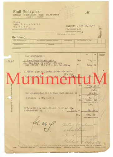 Drogen Chemikalien E. Buczynski HAMBURG MALCHIN - Rechnung Briefbogen 1944