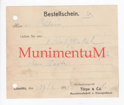 Maschinenfabrik & Eisengießerei Türpe & Co. LÖSSNITZ - Bestellschein 1910