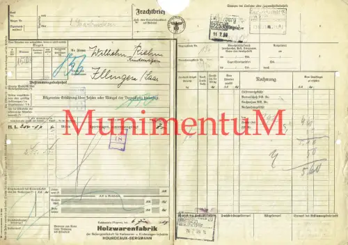 Frachtbrief 1939 Holzwarenfabrik  Hourdeaux-Bergmann LICHTENFELS | Sportwagen