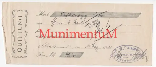 Quittung 1926 F. W. Fleischer Inh. C. Köhler STRALSUND für Herrn aus GARZ