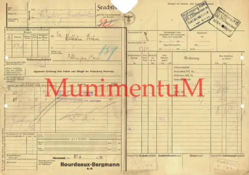 Frachtbrief 1941 Hourdeaux-Bergmann A.G. HIRSCHAID Klappwagen n. ILLINGEN