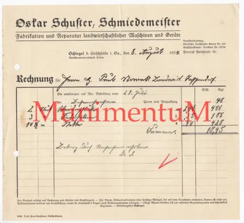 Schmiedermeister Oskar Schuster SCHLEGEL b. HIRSCHFELDE - Rechnung Reklame 1934