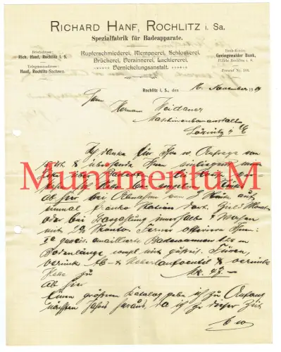 Spezialfabrik für Badeapparate Richard Hanf ROCHLITZ in Sachsen Schreiben 1909