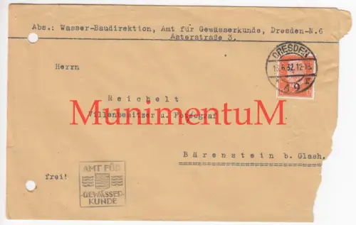 Wasser-Baudirektion Amt Gewässerkunde DRESDEN - leerer Kuvert n. BÄRENSTEIN 1932