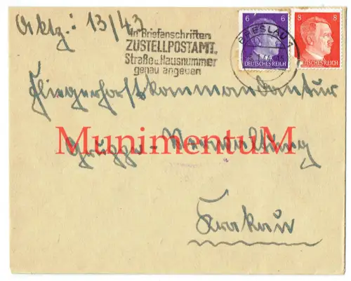 Kuvert Fliegerhorst-Kommandantur KRAKAU BRESLAU Pantoffelfabrikant Biedler F29