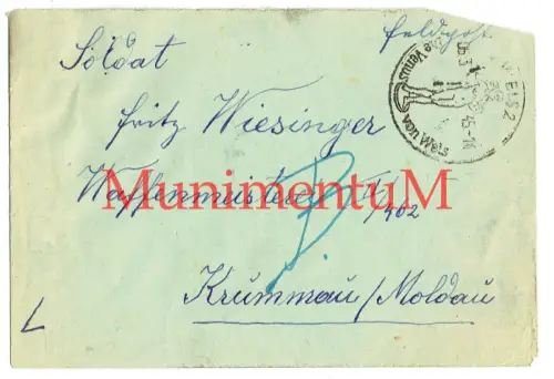 Feldpost Kuvert1945 Waffenmeisterei KRUMAU a.d. Moldau SUEDETENLAND Wiesinger F3