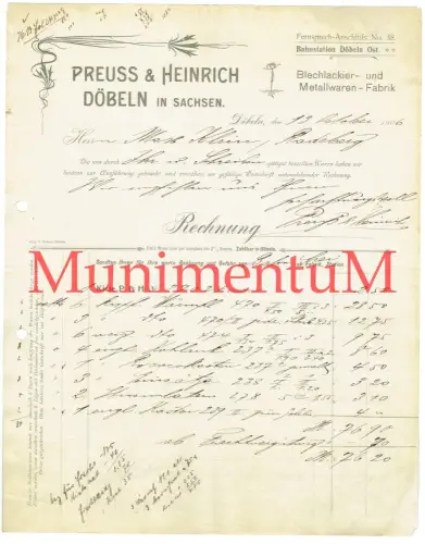 Preuss & Heinrich DÖBELN Sachsen Blechlackier- Metallwaren-Fabrik Rechnung 1906
