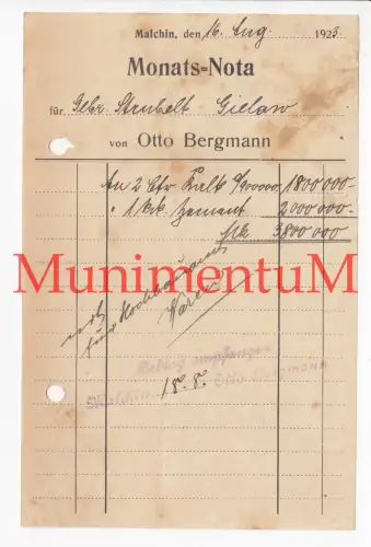 Otto Bergmann MALCHIN - Monats-Nota Rechnung 1923 für Hochbauamt-Waren