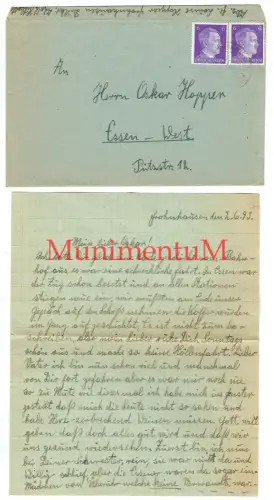 Brief Juni 1943 Stadt Essen Bombenkrieg Frohnhausen Tiefflieger Höllenfahrt F84