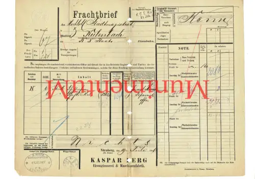 Frachtbrief 1886 Eisengießerei K. Berg NÜRNBERG SCHACHTDECKEL GULLIDECKEL #150