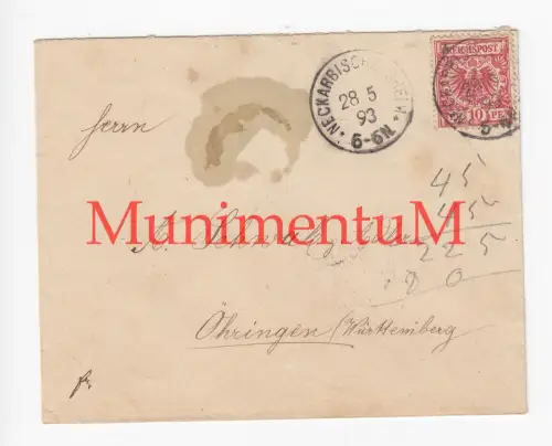 Beleg / leerer Kuvert v. NECKARBISCHOFSHEIM n. ÖHRINGEN 1893 mit Stempeln
