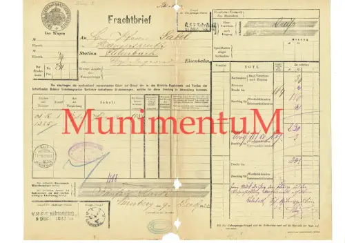 Frachtbrief 1882 königlich bayerische Staatseisenbahn NÜRNBERG nach MANGERSREUTH