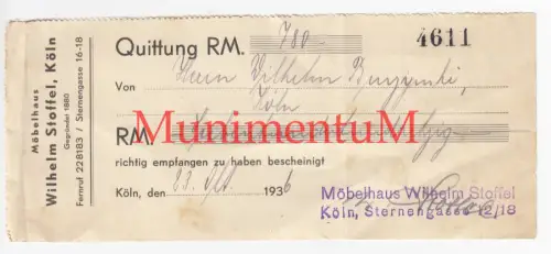 Möbelhaus Wilhelm Stoffel KÖLN gegr. 1880  - Quittung Wechsel 1936 W. Burzynski