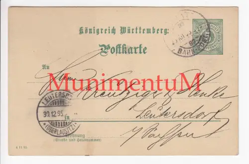 RAVENSBURG Königreich Württemberg Postkarte nach LEUTERSDORF 1895 als Bahnpost