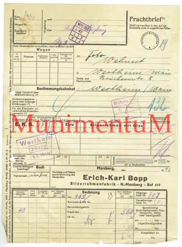 Frachtbrief 1952 Bilderrahmen-Fabrik Erich-Karl Bopp MARSBERG ü BEBRA n WERTHEIM