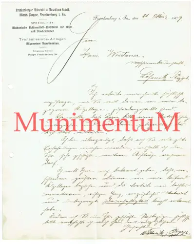 Webstuhl- u. Maschinenfabrik Poppe FRANKENBERG in Sachsen 1909 Schreiben Reklame