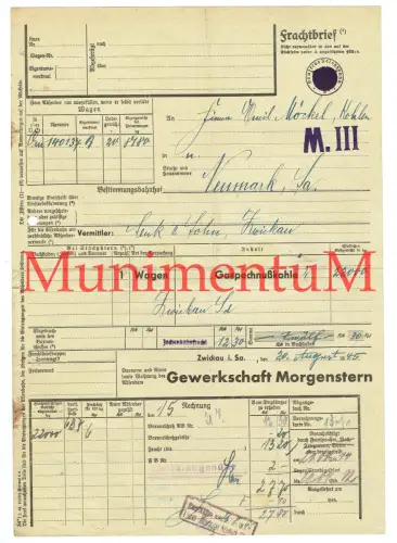Frachtbrief 1945 Gewerkschaft Morgenstern ZWICKAU Gaspechnußkohle n. NEUMARK Sa.