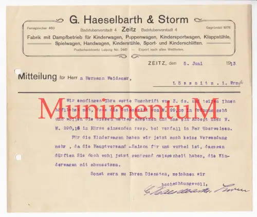 Fabrik für u.a. Kinderwagen Puppenwagen G. Haeselbarth & Storm ZEITZ gegr. 1876
