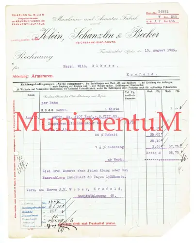 Armaturfabrik Klein, Schanzlin & Becker FRANKENTHAL (Pfalz) - Rechnung 1909 Bahn